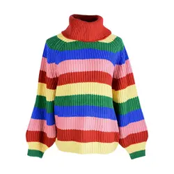 Вязаный свитер с высоким воротником Свободный женский осенне-зимний свитер в радужную полоску женский свободный свитер Топ New19