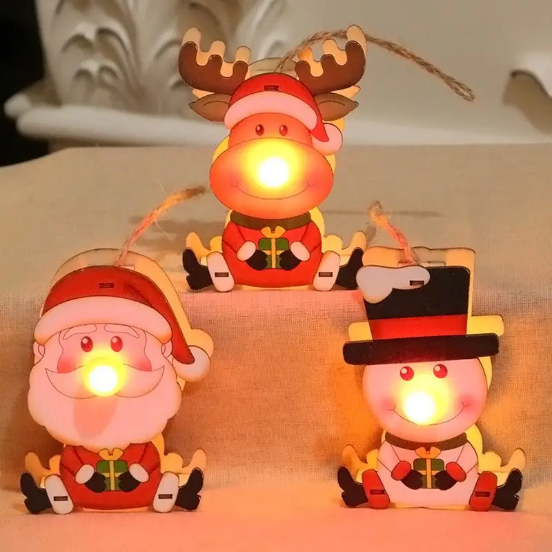 

Wooden Christmas Crafts Color Painted LED Light Up Christmas Pendant Tabletop Ornaments Christmas Decoration