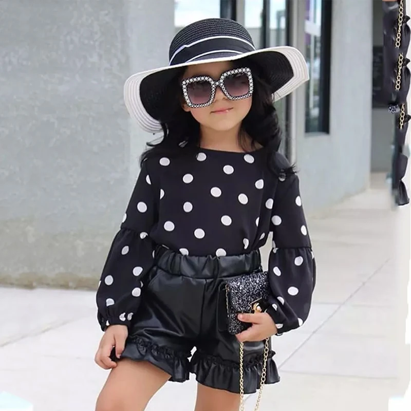 Топы в горошек для маленьких девочек, короткие кожаные штаны, Стоковая одежда, От 1 до 6 лет