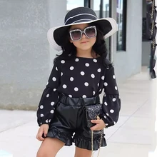 Топы в горошек для маленьких девочек, короткие кожаные штаны, Стоковая одежда, От 1 до 6 лет