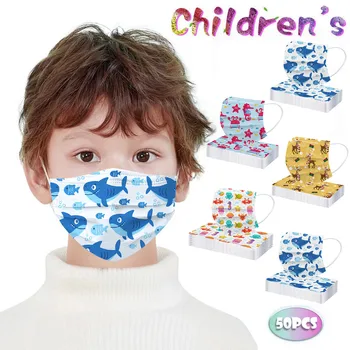 

50pc Child Ocean Print Mask Disposable Three-layer Nonwove Christmas Masque Enfant Earloop Breathable Face Masks Mascarilla