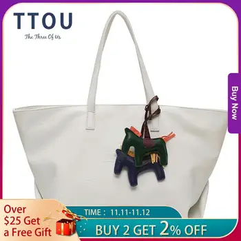

TTOU Big Leather Handbag Women Shopping Girl Tote Solid Color Shoulder Bag Large Capacity Handle Bag Reusable Lady Tote bolsa