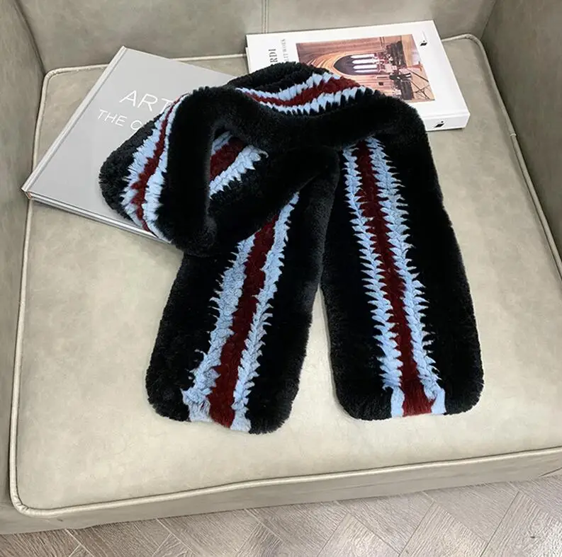 black blue YC Fur длинные шарфы для женщин вязаный шарф из меха кролика рекс обёрточная бумага женские мягкие теплые зимние шарфы шали - Цвет: black blue