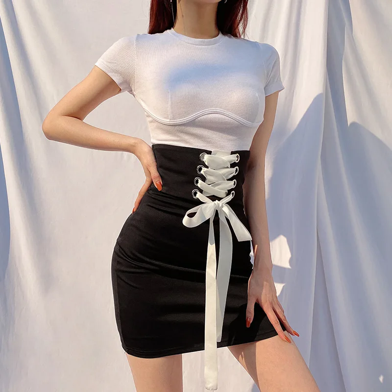 

New Sexy Tight Lace-Up Mini Skirts Womens 2020 Summer Club Party Night Evening Pleated Ladies Street Casual Solid Black Skirt