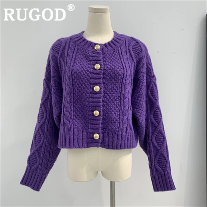 

RUGOD 2019 new winter snow warm solid sweater cardigans women o neck golden button knit coat high waist fashion femme elegant