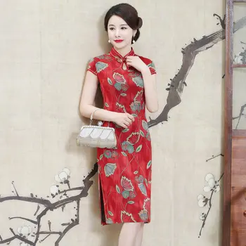 

Women Summer Slim Fit Dresses Chinese Style Buttons Mandarin Collar Short Sleeve Vintage Robe Green Red Flower Qipao Dress Lady