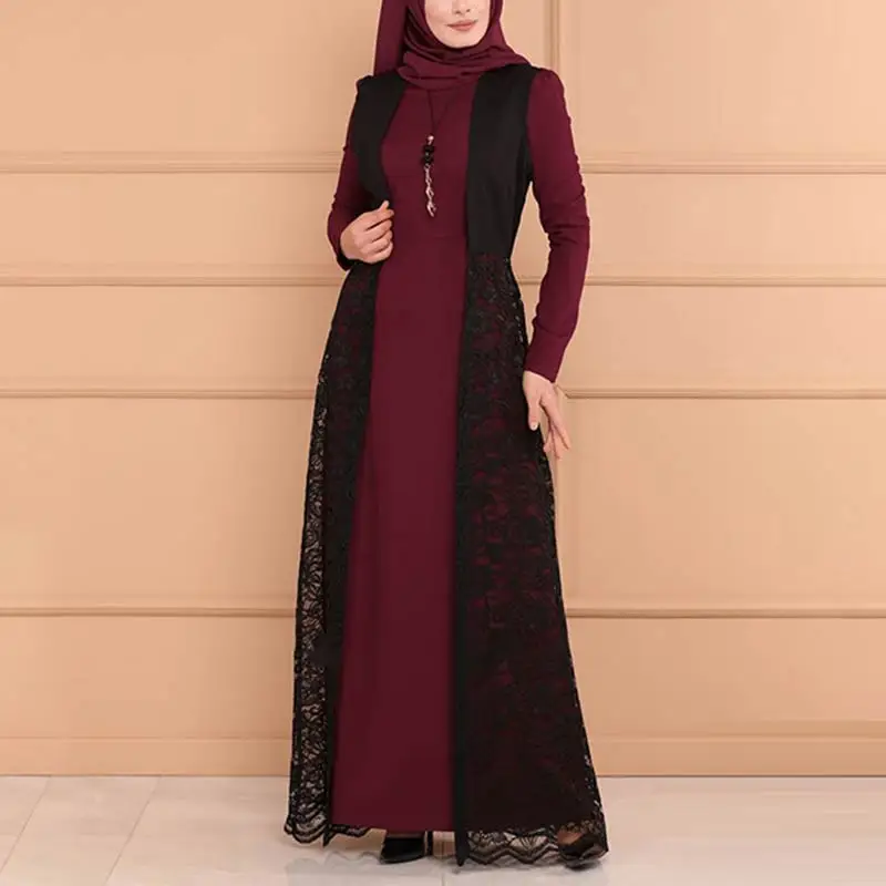 MISSJOY, мусульманское женское платье абайя, комплект из двух предметов, элегантные кружевные вечерние кафтаны, турецкие, для девушек, Дубай, Исламская одежда, повседневная одежда - Цвет: Winered