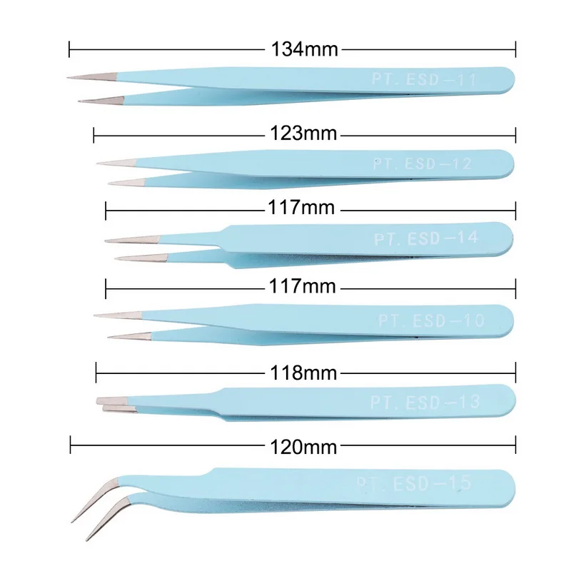 Blue 6pcs set 6 шт. ОУР антистатические пинцеты комплект Нержавеющая сталь электроники поддержание точности инструмент для ремонта Наборы изготовление модельного ряда, набор ручных инструментов - Тип головки пинцета: Blue 6pcs set