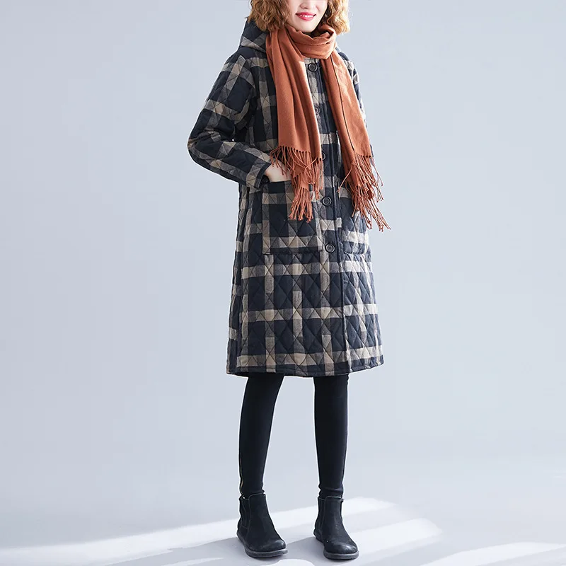 

2019 Winter New Style Large Size Dress Thick Cotton-padded Jacket Artistic Mid-length Warm Coat Cotton Linen Cotton-padded Cloth