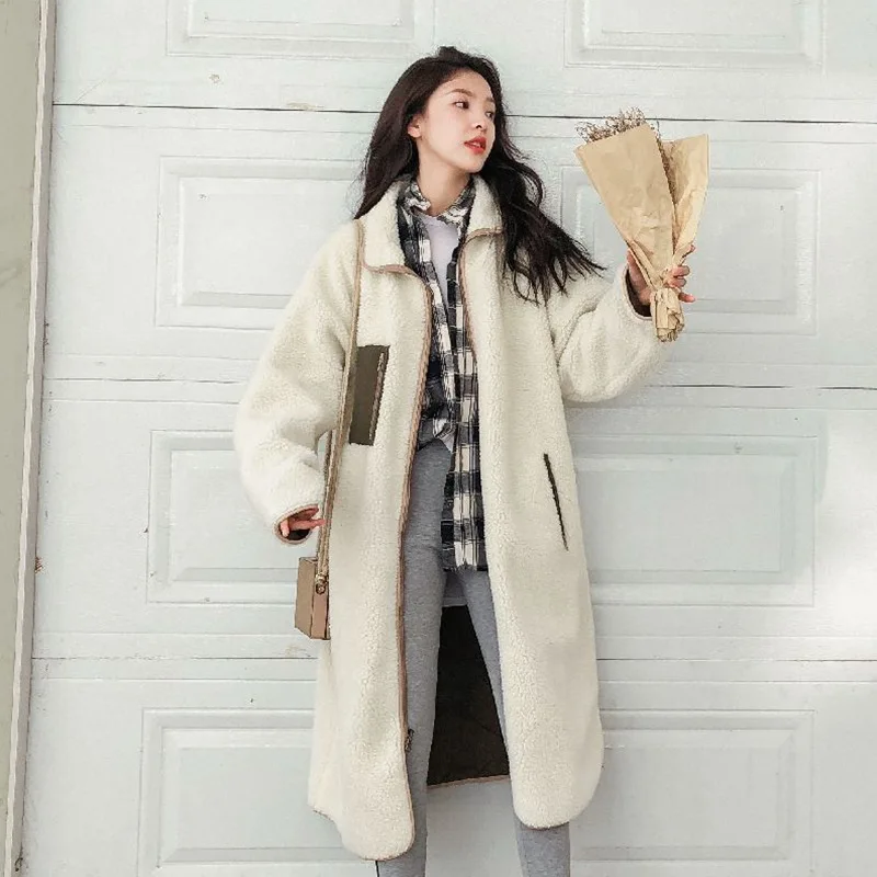 

2019 Winter Korean-style Off-white Lambs Wool Overcoat Mixed Colors Covered Edge over-the-Knee Long Cotton Overcoat Women's Thic