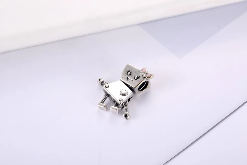 Робот девушка розовый лук болтаются Шарм fit Pandora браслет Аутентичные S925 стерлингового серебра бисера DIY ювелирные изделия