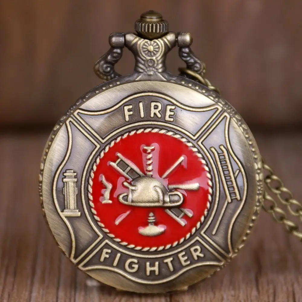 

Antique Bronze Pocket Watch Classic Red Fire Fighter Symbol Carving Slim Necklace Creative Students Boys Clock Best Fireman Gift