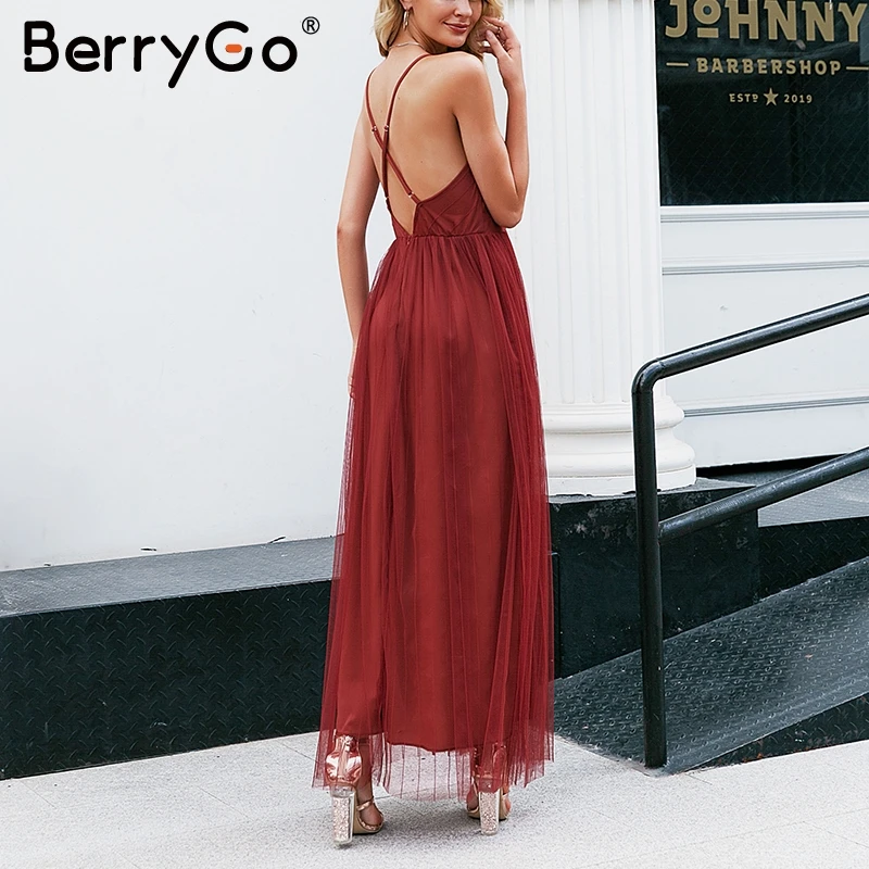 BerryGo сексуальное длинное вечернее платье с глубоким v-образным вырезом женское элегантное Плиссированное осеннее платье с открытой спиной, Сетчатое платье для ночного клуба, женское платье