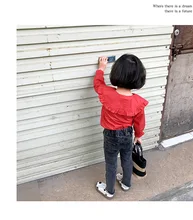 Childrenswear 2019 סתיו סגנון חדש בנות קוריאני סגנון מתוק חמוד תכליתי תחרה ארוך שרוול מוצק צבע דש חולצה קרדיגן(China)