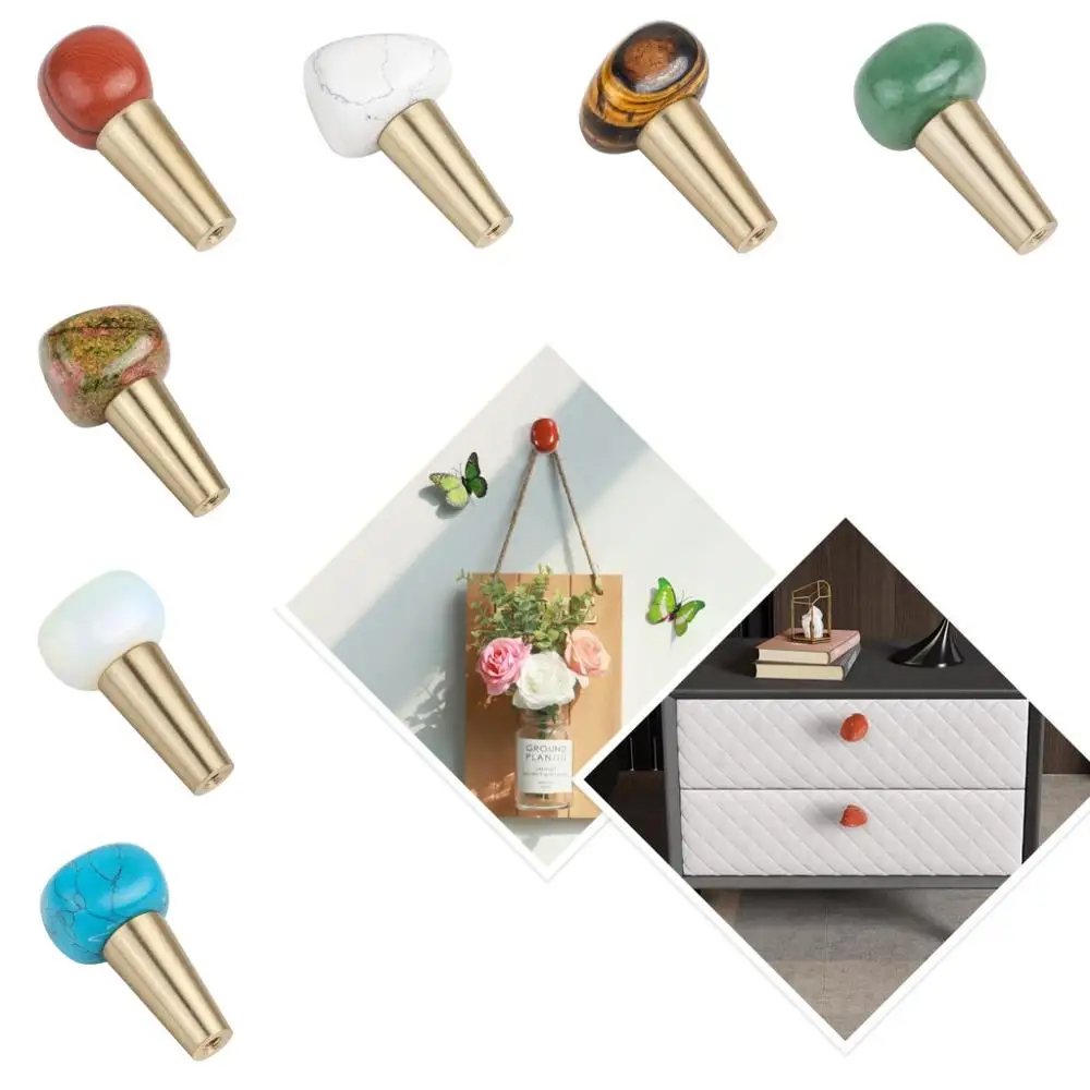 TUMBEELLUWA Natural Polished Stone Pulls Handles Brass Base Reiki Crystal Cabinet Drawer Knobs Hanging Ornament Furniture Decor