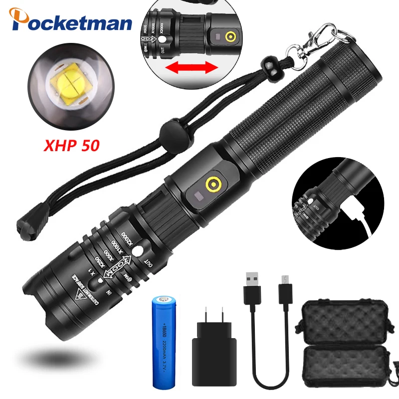 

6000 Lumens Brightest Flashlight XHP50.2 LED Flashlight Most Powerful USB Torch Zoomable Lantern use 18650 Battery Hunting Lamp