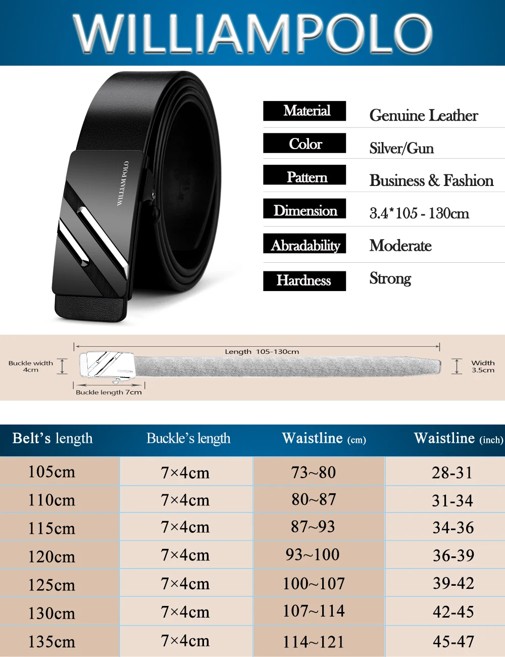 Мужской ремень из натуральной воловьей кожи WilliamPOLO роскошный металлический с