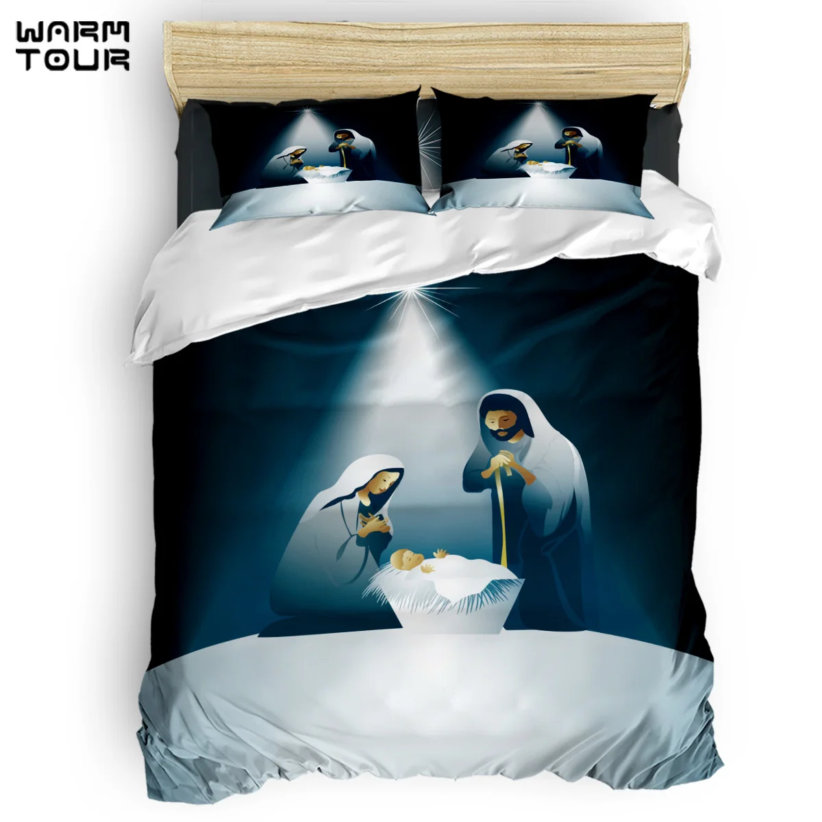 

WARMTOUR Duvet Cover Christams Jesus Christ Snow Holiday Duvet Cover Set 4 Piece Bedding Set For Beds