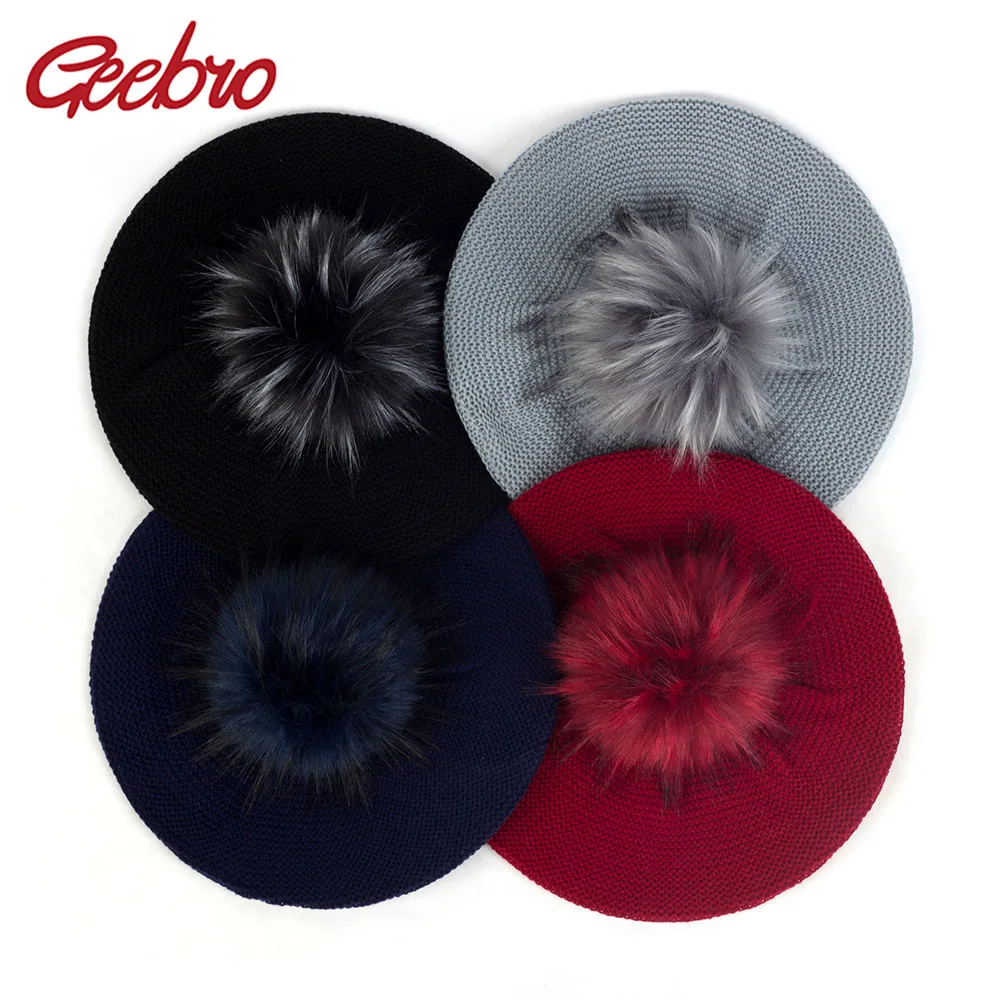 

Geebro Women Winter Autumn Hats With Faux Fur Pom Pom Slouchy Knitted French Artist Berets Girls Solid Color Hairball Caps BL006