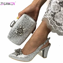 Winter New Arrivals Nigerian Women Matching Shoes and Bag Set for Wedding Party in Silver Color with Shinning Crystal