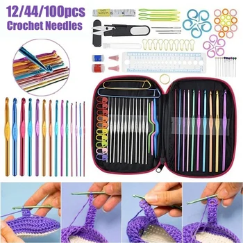 

12/44/100PCS Aluminum Crochet Hook Knitting Needles Sewing Tools Set Sweater Knit Weave Craft Sewing Set Kit Scissors Pin
