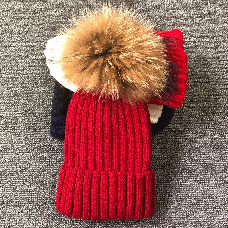 

2021 Winter Hat Cap Real Raccoon Fur Ball hats Warm Fur Pom Poms Ski Hat Fur Pompoms Hat For Kids Boy Girl Children