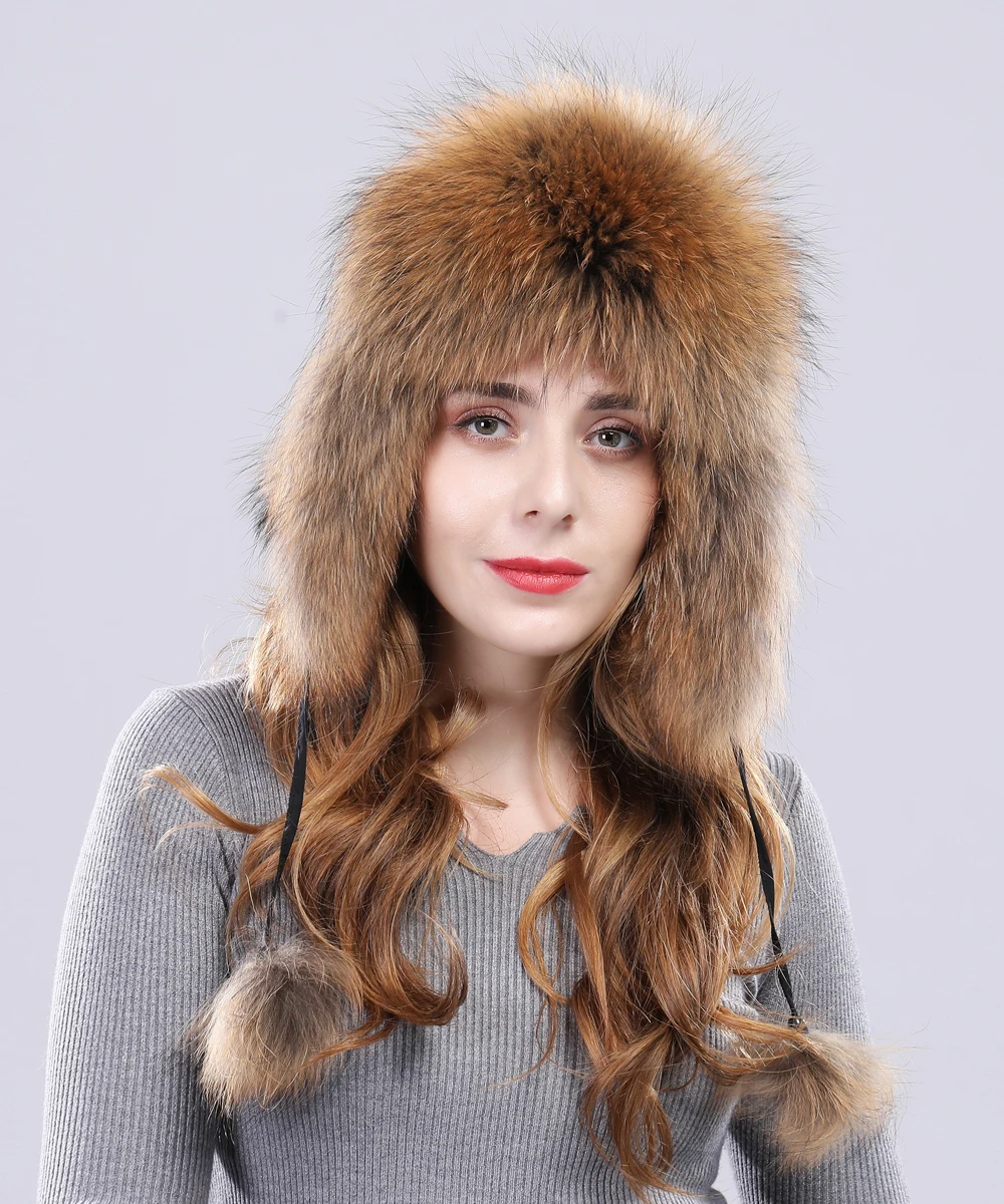 Winter women fur hat lady real fox fur cap protect ear warmer fox pom poms Bomber Hat hot sale new arrival