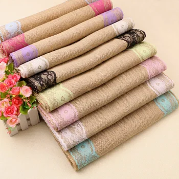 

Vintage Natural Burlap Jute Linen Table Runners Lace Table Runner for Wedding Christmas Party Birthday