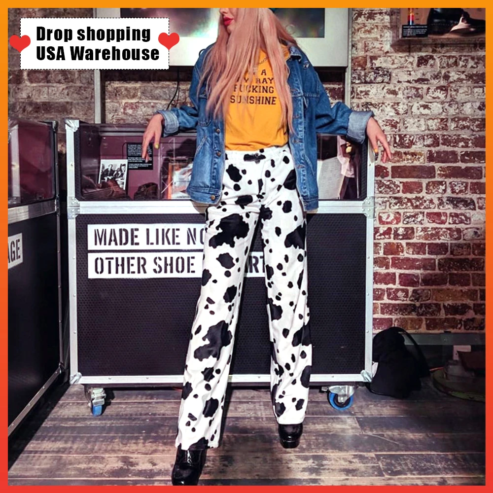 

OUSHANG Harajuku Trousers Summer Korean Clothes Streetwear Women Cow Print Pants Women Korean Style Cow Print Wide Leg Pants