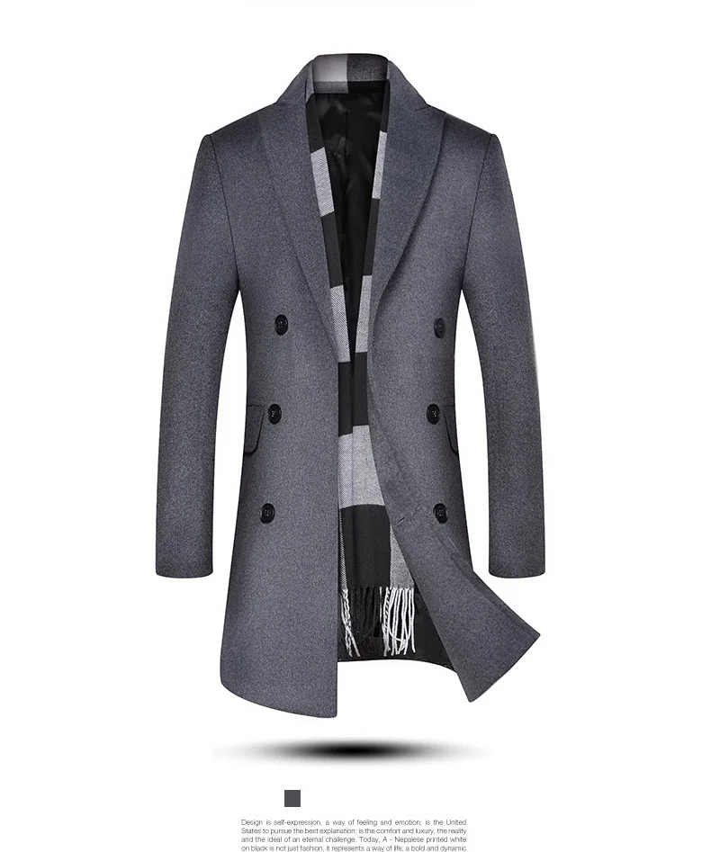 Зимнее длинное шерстяное пальто для мужчин, модное двубортное Мужское пальто, плотное приталенное деловое одноцветное шерстяное пальто