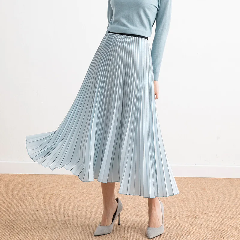 Pleated skirt women's long section spring and summer New Wild a-shaped stripe high waist temperament slim pleated skirt - Цвет: Небесно-голубой