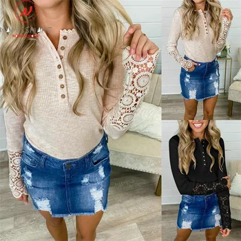 

Fashion Women Spring Autumn T-Shirts Single-breasted Hollow Out Design Lace Decor See Through O-Neck Long Sleeve Solid Slim Top