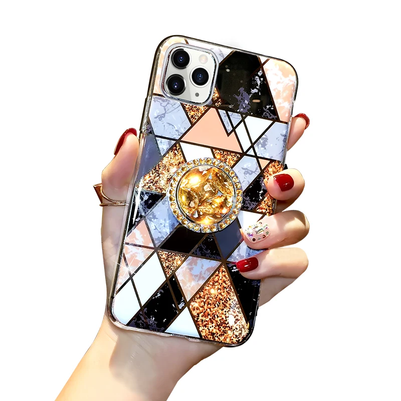 New marble glitter with Finger ring anti-Knock diamond Kickstand phone case for iphone 12 11promax 12pro x xsmax xr 7 8plus Case | Мобильные