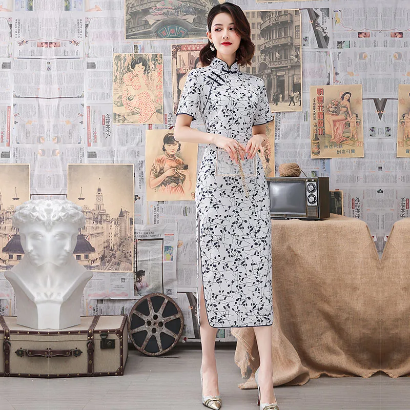 Сексуальное шифоновое длинное традиционное китайское платье Cheongsam, женское тонкое вечернее платье с коротким рукавом Qipao, летнее платье на пуговицах, Vestido M-3XL
