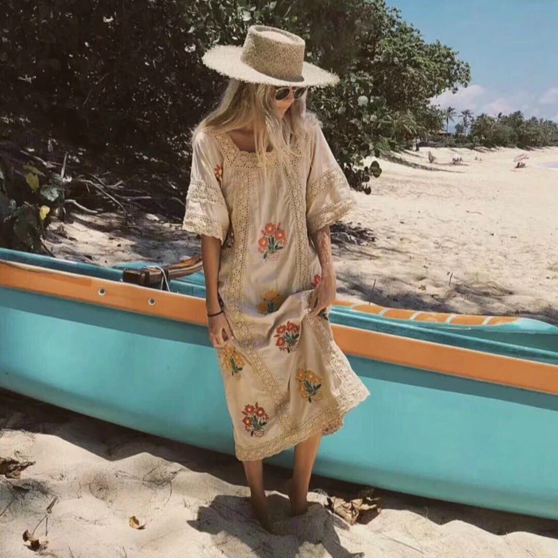 Boho шикарное женское пляжное богемное платье с цветочной вышивкой и коротким рукавом, женское льняное Хлопковое платье миди с воротником