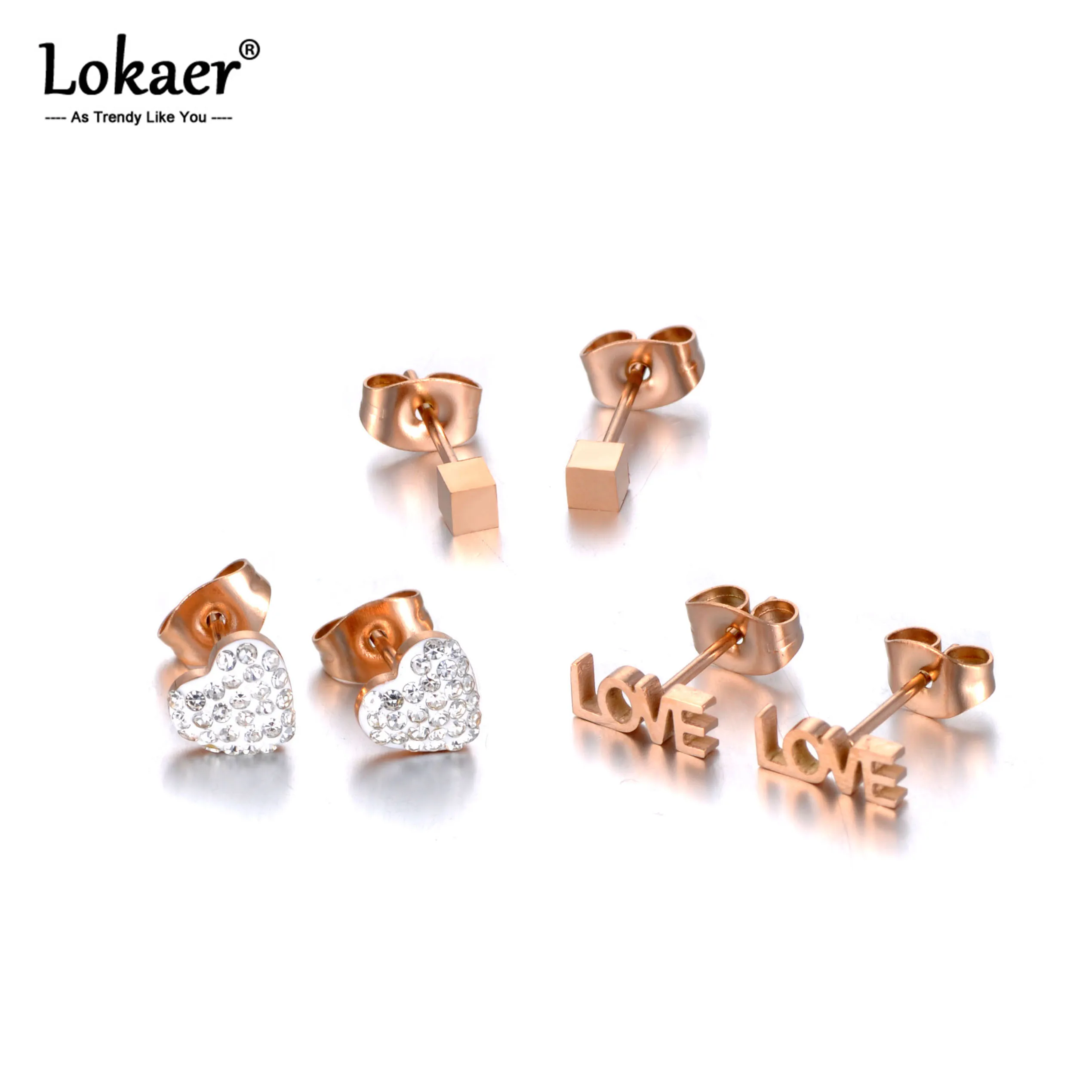 Lokaer 3 пар/уп. серьги из нержавеющей стали с кристаллами в форме сердца и любви и квадратные серьги для женщин, серьги из розового золота для подарка на Рождество E19285