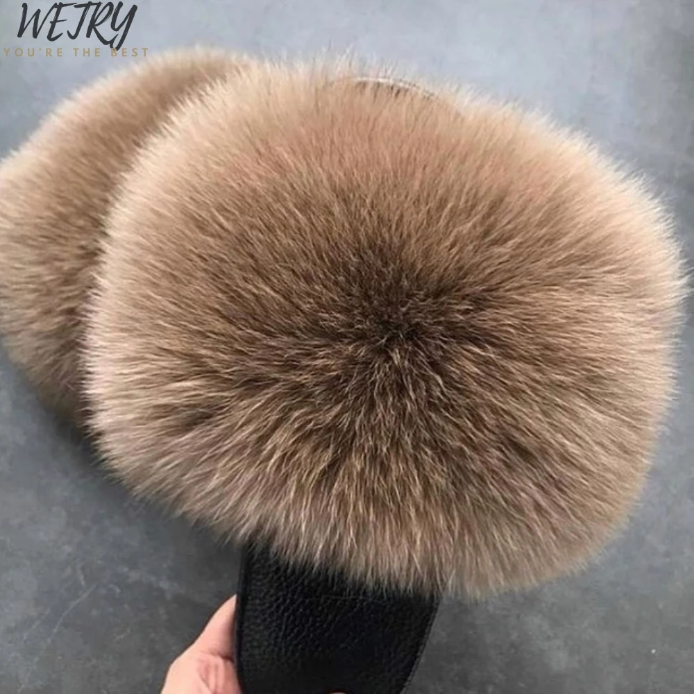 fox fur slippers Тапочки с натуральным мехом; женские домашние пушистые шлепанцы с мехом лисы; Летняя обувь на плоской подошве; Милая женская обувь; большой размер 45; домашняя обувь; Pantufas - Цвет: fox fur slippers