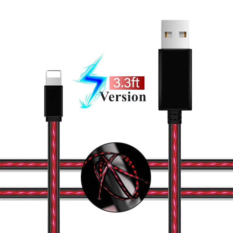 Провод для зарядки аккумулятора Видимый поток света USB зарядное устройство синхронизации данных кабель для iPhone XS Max XR X 8 7 6 6s Plus 5s шнур для телефона - Цвет: Black And Red