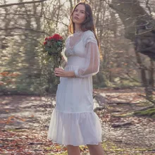 

Xijun Fairy Silk Midi Prom Dresses Long Sleeves Dotted Tulle Evening Gowns Alice Ruffles Pleat Formal Party Dress