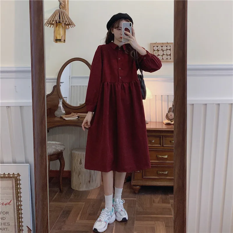 Dress Women Harajuku Solid Elegant Long Sleeve High Waist Corduroy A-Line Vestidos Fall New Fashion Trendy Casual Korean Stylish sexy dress