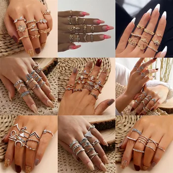 

WUKALO Bohemian Women Rings Anise Star Crown Cross Snake Geometry Crystal Joint Gold Ring Set Personality Lady Wedding Jewelry