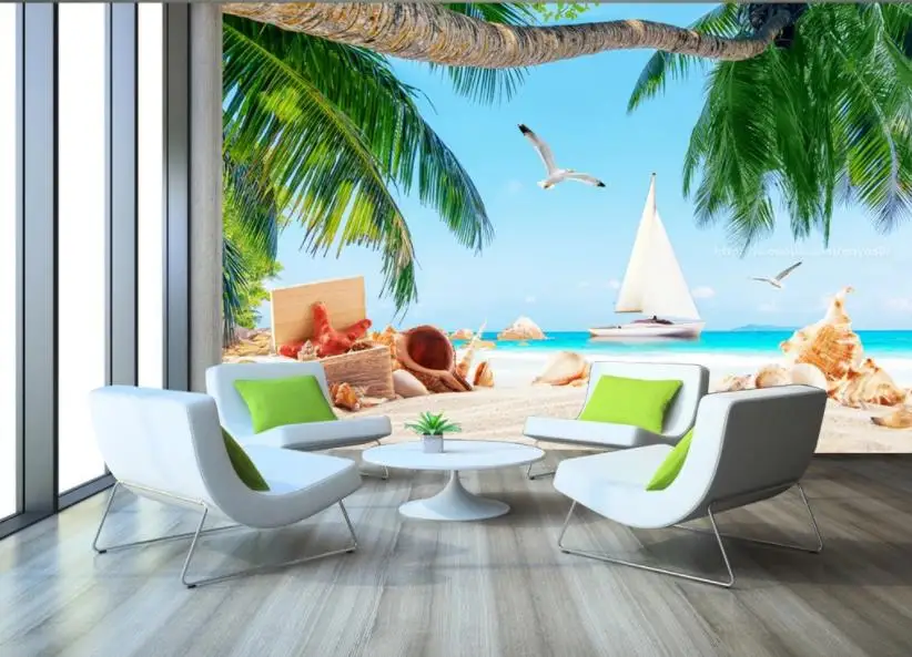 Custom Wall papers Home Decor Coconut tree beach sailboat sea view Wallpaper 3D Living Room Bedroom 3d Background | Обустройство дома