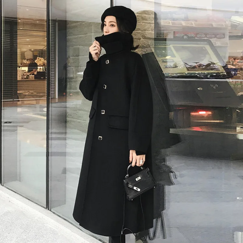 Коллекция года, длинное шерстяное пальто для девочек осенне-зимняя новая однотонная однобортная куртка с длинными рукавами и отворотами, 19F-a551