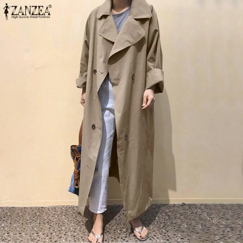 ZANZEA 2020 Elegant Women's Maxi Trench Casual Jackets Solid Lapel Double Breasted Overcoats Female Long Sleeve Coats Plus Size