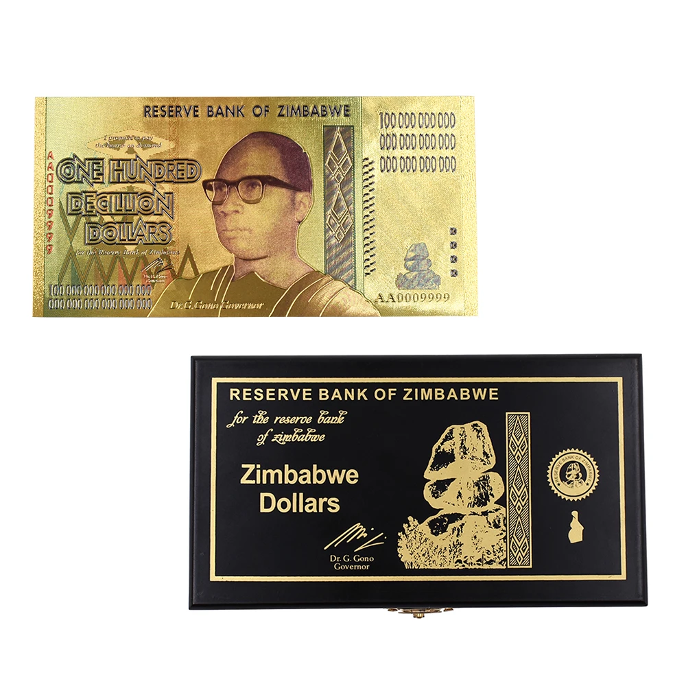 50pcs Decillion Zimbabwe Gold Banknotes Fake Money Bills 100 Quintillion Dollars 24k Gold Foil Banknote with Box for Christmas Gifts 50pcs/lot - Цвет: 50pcs Decillion