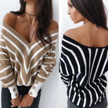 

Autumn Womens Sexy Striped Off Shoulder Low Collar Knitted Sweaters 2020 Winter Casual Elegant Office Ladies Thin Pullover Tops