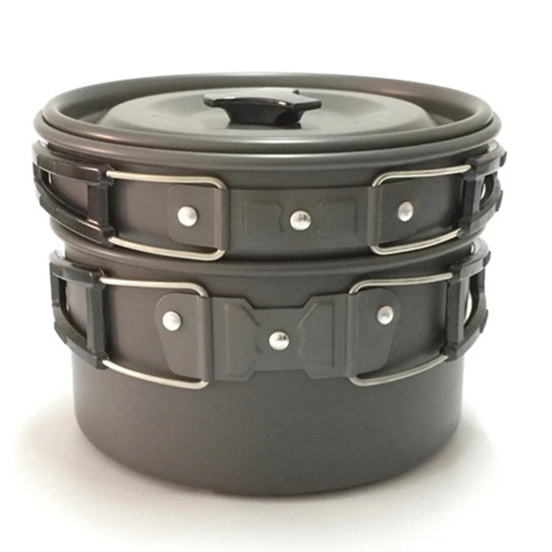 Outdoor Cookware Pot Teapot Set Portable Camping Cookware Combination Aluminum Tableware Black