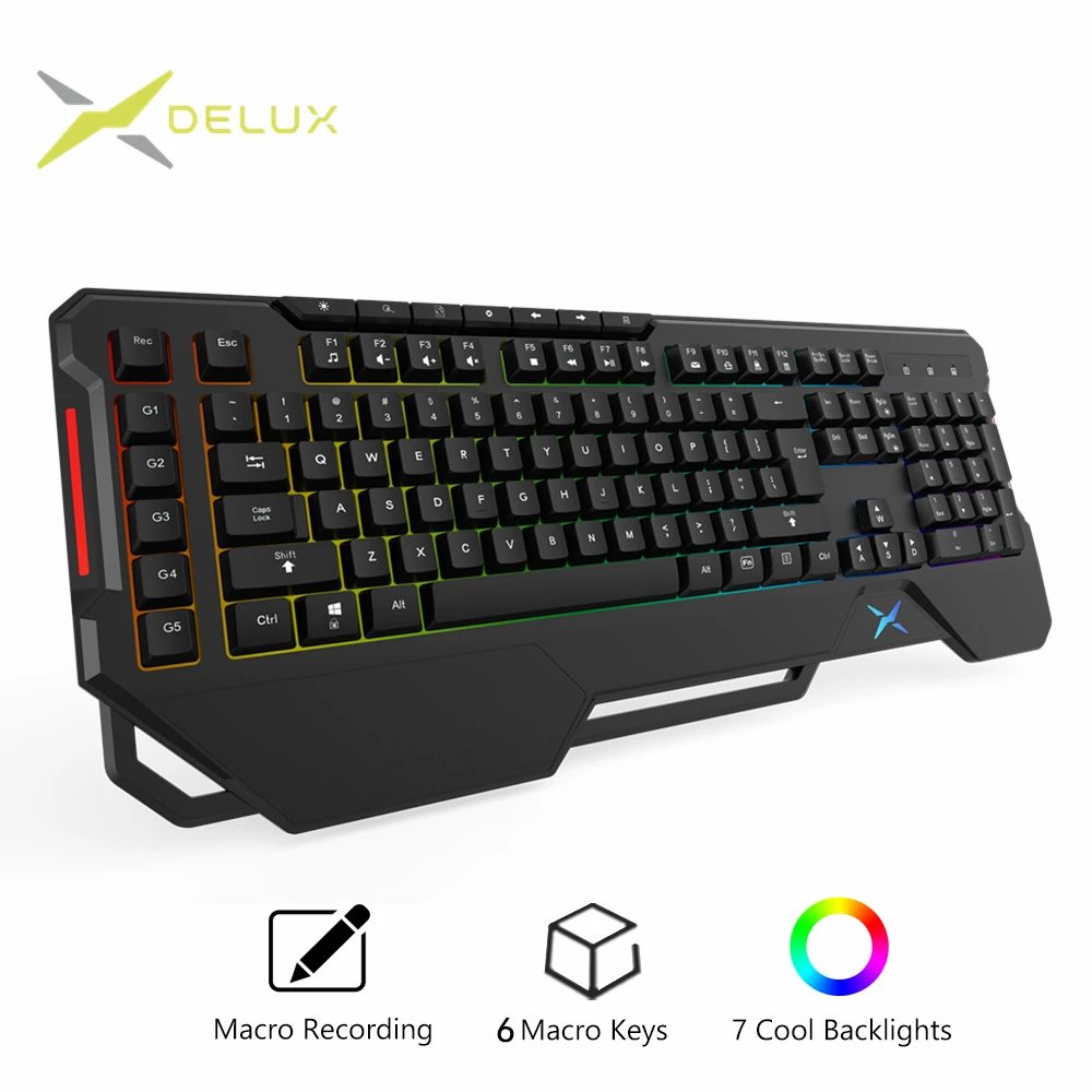 

Delux K9600 RGB Backlight Gaming Keyboard 6 Macro + 7 Multimedia Keys Keypads with Comfortable palm rest for Windows Gamer