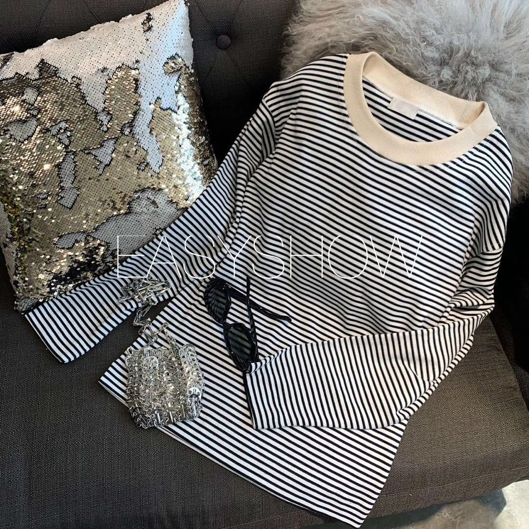 

1134 Autumn Clothing Suit-dress Single Product Classic Fine Black And White Stripe 18 Needle Thread Lining Fashionable Sweater