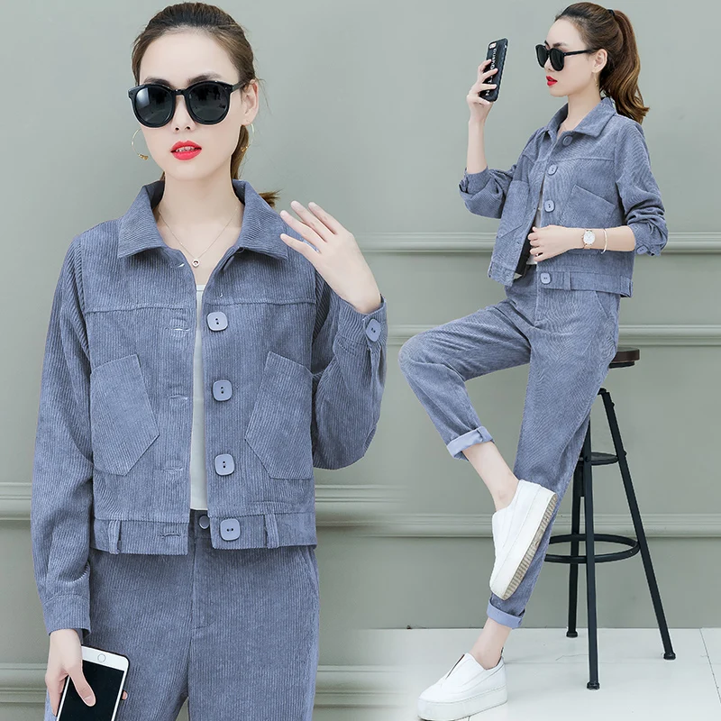 Gray Спортивный костюм Весна Новая женская куртка с длинными рукавами пальто+ брюки комплект из двух предметов Повседневный вельветовый костюм женская спортивная одежда 3XL - Цвет: Gray